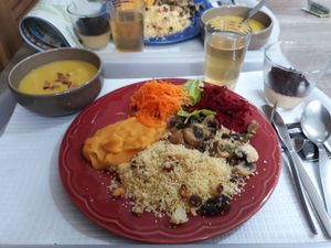 Marrakesh couscous, sweet potato puree, sauteed mushroom, salad, soup and vanilla pudding with oreo. Amazing daily menu. at Fast Vegan in Castelo Branco