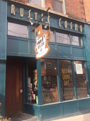 Store front at Rustic Cosmo Cafe in Toronto