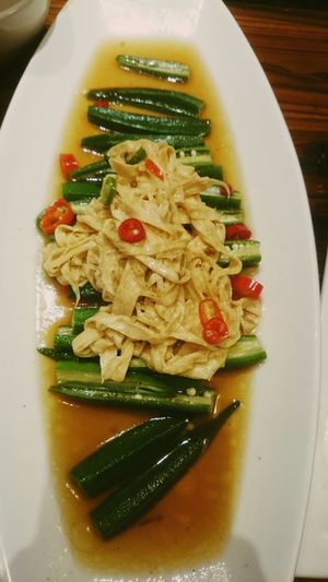 Okra with tofu at Ji Ming Temple Vegetarian Diet in Nanjing