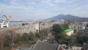 View through window from restaurant at the top of the temple at Ji Ming Temple Vegetarian Diet in Nanjing