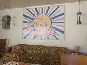 Inside best couch ever and special lights at Love Cafe  in Oakhurst