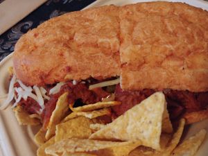 Meatball Sub with corn chips at Love Cafe  in Oakhurst