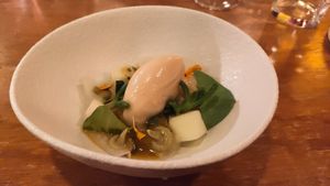 Lemon ice cream with interesting umami surroundings like oyster leaf at Achterwerk in Groningen