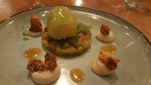desert with apple and a delicious glazed sweet ball at Achterwerk in Groningen
