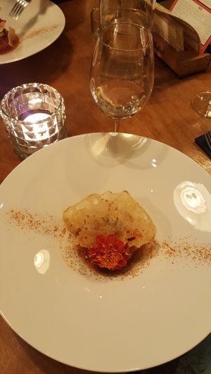 rhubarb-tomato tartlet with eatible flower and crunchy 'cracker' at Achterwerk in Groningen