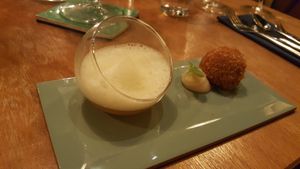 a delicious little soup-taster, made of lovage (in dutch: lavas / maggiplant) and a 'bitterbal' made with piccalilly at Achterwerk in Groningen