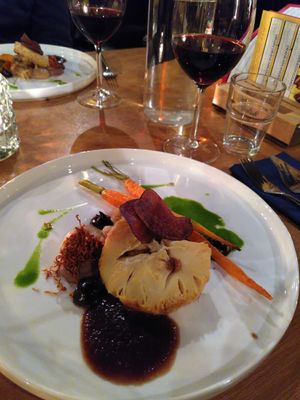 Main dish with delicious celeriac and a delicious grape juice at Achterwerk in Groningen