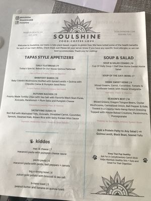 Menu at Soulshine in San Diego