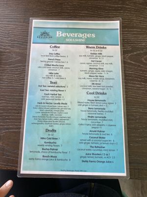 Beverage menu at Soulshine in San Diego