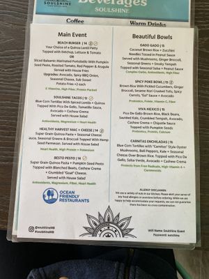 Food menu at Soulshine in San Diego