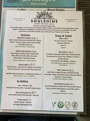 Food menu at Soulshine in San Diego