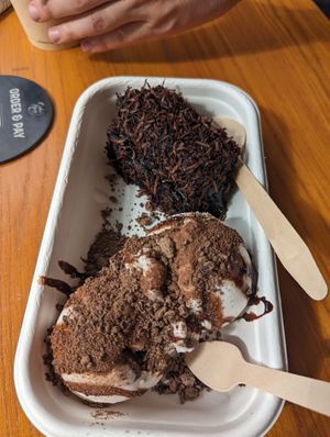 Lamington and ice cream bowl at Only Mine Chocolate Factory in Olinda