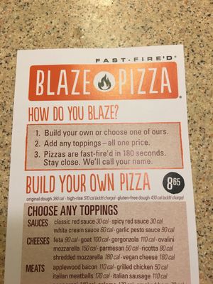Menu at Blaze Pizza in Rochester