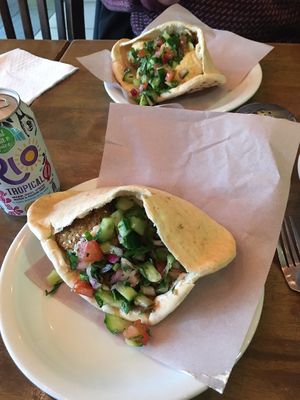 Pitta with tahini, falafel and salad at Kimos Cafe in Liverpool