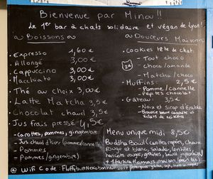 Menu board at Au Bonheur des Chats in Lyon