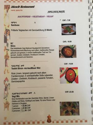 Veg menu options at Mesob in Zurich