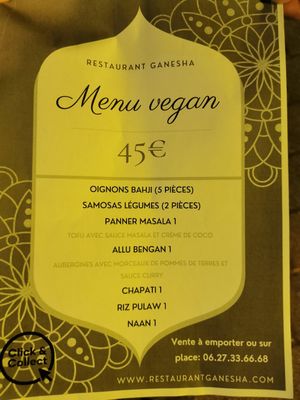 Menú vegan at Ganesha Restaurant in Strasbourg