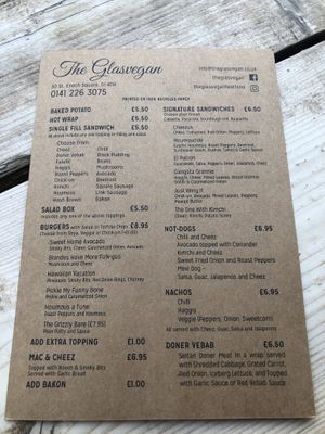 Menu at The Glasvegan in Glasgow