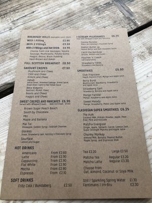 Menu at The Glasvegan in Glasgow