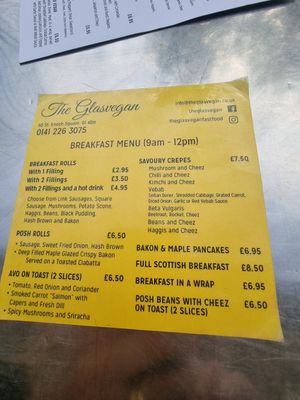 Breakfast menu at The Glasvegan in Glasgow