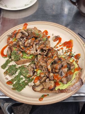 Avo on toast with mushrooms at The Glasvegan in Glasgow
