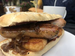 Hash browns and sausage w brown sauce at The Glasvegan in Glasgow