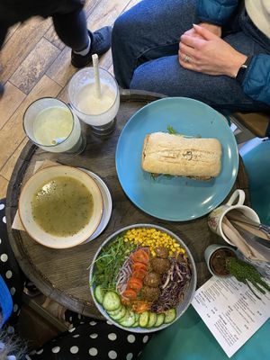 soup and salad, sandwich, and two super smoothies  at The Glasvegan in Glasgow