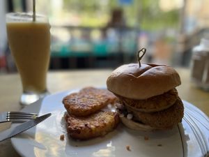 Hawaiian Chick’un burger with hash brown  at The Glasvegan in Glasgow
