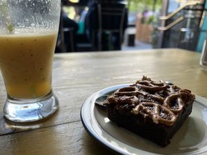 Pretzel brownie and fruit smoothie  at The Glasvegan in Glasgow