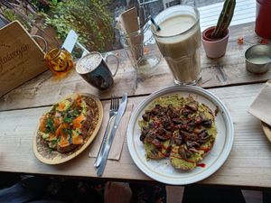 Sandwiches with carrot lox and mushrooms, a milkshake and a cappucino at The Glasvegan in Glasgow
