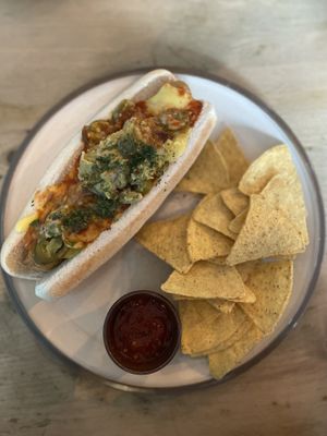 Vegan hotdog  at The Glasvegan in Glasgow