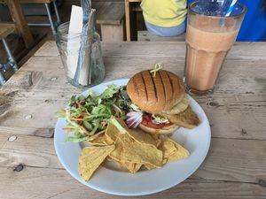 Hawaiian Vacation chickun burger and smoothie  at The Glasvegan in Glasgow