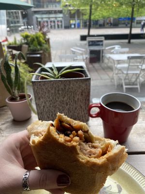 Link sausage and bacon breakfast roll   at The Glasvegan in Glasgow