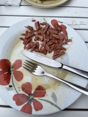 Uneaten bakon from maple bakon crepe. Was very chewy.  at The Glasvegan in Glasgow