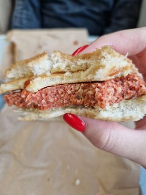 You can see how perfect the texture in the sausage is..its exactly the same.  at The Glasvegan in Glasgow