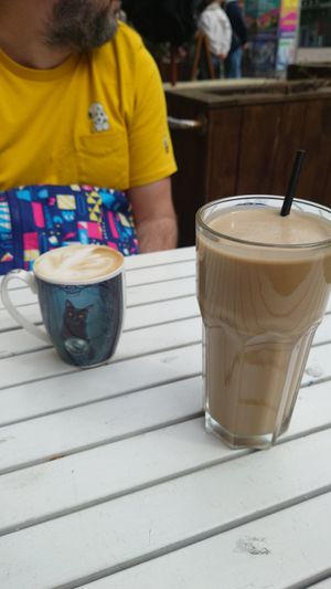 Latte and peanut butter smoothie (chunky monkey) at The Glasvegan in Glasgow