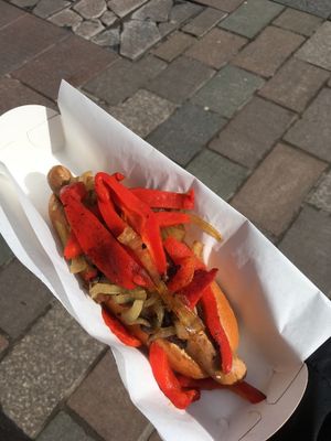 “Not dog” with sweet fried onion & roasted red peppers at The Glasvegan in Glasgow