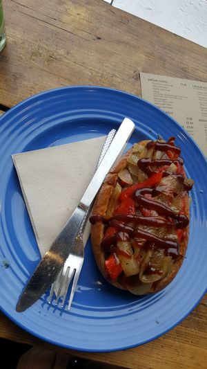 Sweet fried onion and roast pepper not-dog at The Glasvegan in Glasgow