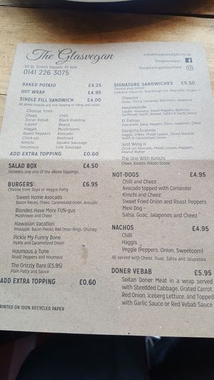 Food menu at The Glasvegan in Glasgow