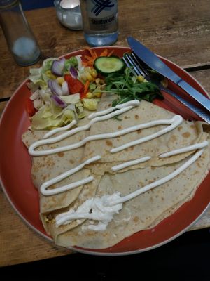 mushroom and cheez savoury crepe with mayo and side salad at The Glasvegan in Glasgow