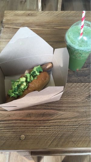 Notdog with avocado & coriander and a matcha energiser smoothie  at The Glasvegan in Glasgow