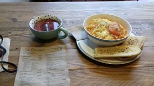Mac & cheeze, garlic bread and cuppa herb tea.  at The Glasvegan in Glasgow