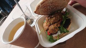 Green tea and houmoucide sandwich on sourdough bread at The Glasvegan in Glasgow