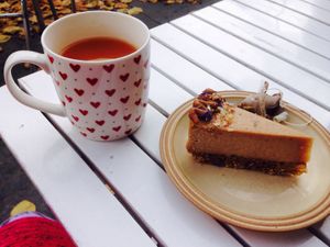 What a brilliant Rhubarb and raw caramel baby  outside in middle of beautiful October 23 , When you thinking of cake and tea where is no better place to be! at The Glasvegan in Glasgow