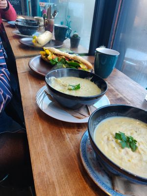 Our leek and potato soups and the peanut butter / chicken baguette! at The Glasvegan in Glasgow