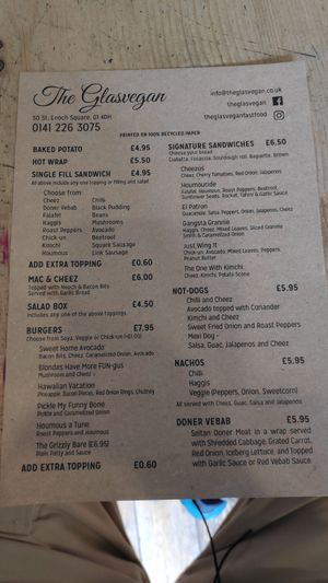Menu at The Glasvegan in Glasgow
