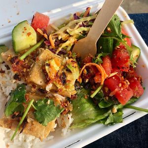 close up of the teriyaki tofu rice box at Red Panda in Lyme Regis