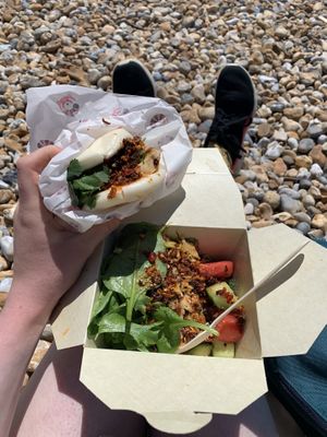 Vegan teriyaki tofu bao bun and salad box  at Red Panda in Lyme Regis