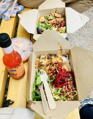 Delicious Teriyaki Tofu, Rice and Salad…well worth price ..,kimchi on side…perfect to eat in gardens …staff lovely and helpful…ordered and picked up after dog walk 🌟🌟 at Red Panda in Lyme Regis