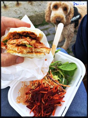 Spicy tofu bao and small salad box. I started eating eat and remembered to take a photo. at Red Panda in Lyme Regis